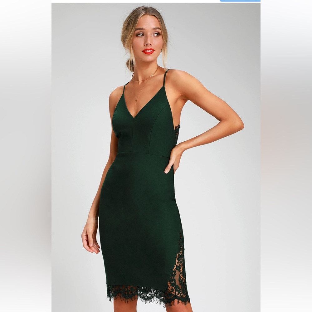 Lulu's Only Want You Forest Green Lace Bodycon Midi dress